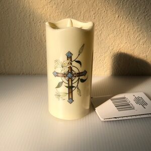 LED Prayer Christian Candle Cream Color Decorative with Blue Cross Design